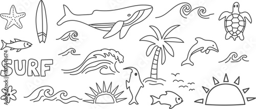 Hand drawn doodle beach For summer tropical ocean illustration set with whale, dolphin, turtle, surfboard, palm tree, waves and sunset for summer designs, t-shirts, posters, and placard prints.