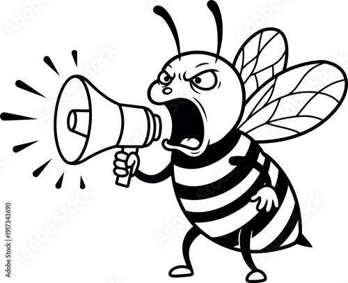 Angry Cartoon Bee Holding Loudspeaker in Striped Body Shouting