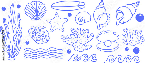 Hand drawn doodle beach For summer coastal elements set with seashells, starfish, coral reefs, seaweed, surfboard and waves perfect for summer designs, t-shirts, posters, and placard prints.