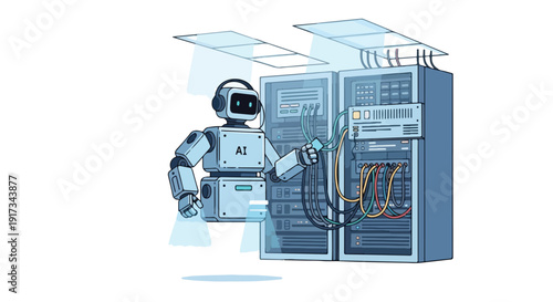An AI robot helper interacts with server equipment in a modern office setting with a technological and innovative mood.