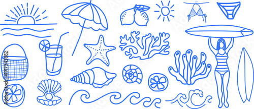 Hand drawn doodle beach For summer tropical surf and vacation elements set with umbrella, surfboard, bikini, seashell, coral, starfish and waves for summer designs, tshirts, posters, and placard print