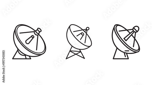 Satellite Dish Array Icons for Telecommunications, Broadcast Networks and Signal Infrastructure — Telecom and Media Vector Illustration
