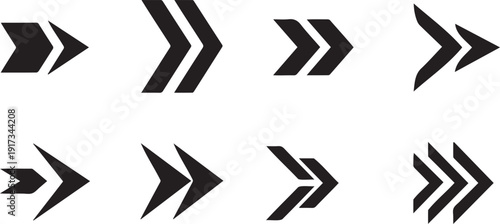 8 black arrow vector icon collection. Includes various styles of right-pointing arrows, chevrons, and double arrows. Created in flat style with a monochrome black and white palette.