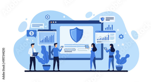Flat vector illustration of team monitoring secure online payment system on website panel