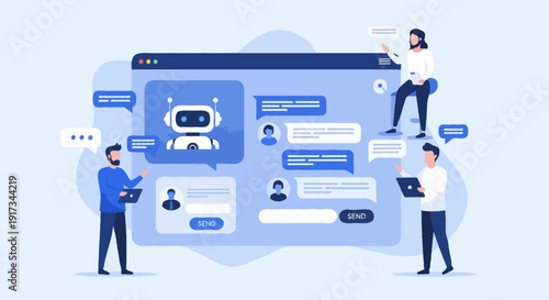 Flat vector illustration of team monitoring AI chatbot system on website interface
