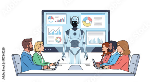 A robot helper presents data to a team of professionals in an office setting with a large screen display.