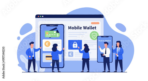 Flat vector illustration of business team managing mobile wallet application on large website interface panel
