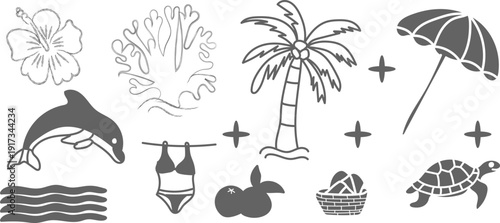 Hand drawn doodle beach For summer tropical marine collection with palm tree, dolphin, turtle and beach umbrella, perfect for summer designs, t-shirts, posters, and placard prints.