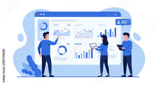 Flat vector illustration of team analyzing AI powered data analytics dashboard with charts and KPI graphs on large white interface panel