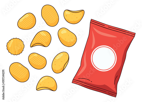 Hand drawn cartoon snack food set featuring potato chips and a red bag for commercial use