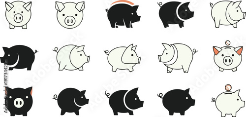 Pig and piggy bank outline icon collection. Includes various pig poses, pig faces, and piggy bank designs with coins. Created in a simple line art style with black and white colors.