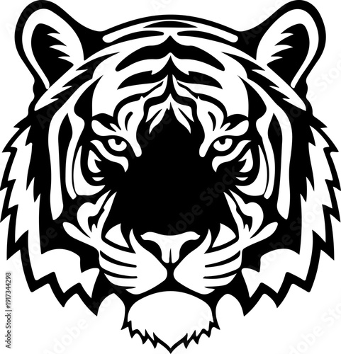 Vector illustration of a tiger's face viewed directly, showcasing its detailed fur texture and piercing eyes, highlighting wildlife and animal artistry