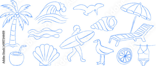 Hand drawn doodle beach For summer surfing and tropical vacation set with palm tree, surfboard, seashell and beach umbrella, perfect for summer designs, t-shirts, posters, and placard prints.