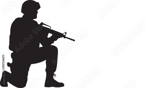 Soldier silhouette vector illustration. A military figure in a helmet and uniform, kneeling with a rifle, depicted in solid black on a white background.