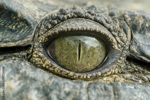 Extreme macro of a crocodile’s eye with vertical slit pupil, surrounded by rugged armored scales, captured at eye level in natural light, highlighting texture, detail, and primal intensity.