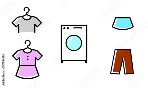Flat Design **Laundry and Fashion Icon Set** - T-shirt, Dress, Pants, Skirt and **Washing Machine** Vector Illustration