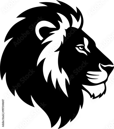 Illustration of a lion's majestic head profile with flowing mane and fierce expression