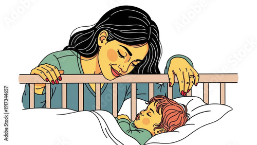 High-quality black outline colorful art of a mother watching her child sleep, quiet tenderness and devotion for Mother’s Day