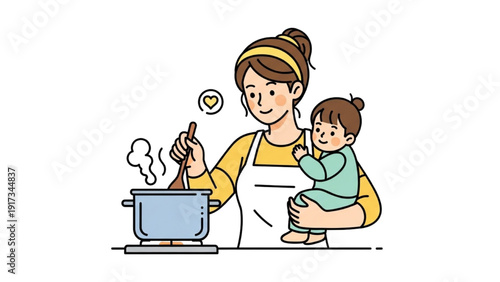 High-quality black outline colorful art of a mother cooking while holding her child, multitasking love and care concept for Mother’s Day
