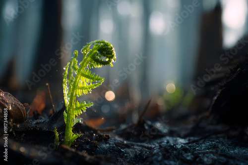 A single, vibrant green fern unfurling from a bed of pitch-black charred earth and gray ash