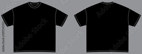 Oversized short sleeve t shirt technical fashion flat sketch vector black color template for men's