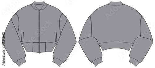Bomber jacket technical fashion flat with front back side views, rib cuffs pockets zipper details, cad drawing flat vector illustration