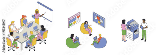 Isometric Office People and Interior Design Set for Business Presentation and Workflow Concept