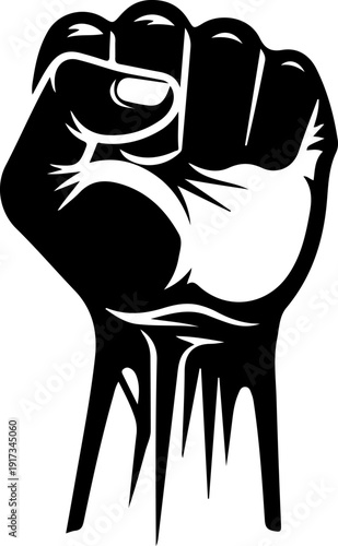 A raised clenched fist symbolizing solidarity and unity in black and white illustration style from a front viewpoint