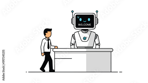 A businessman interacts with a robot helper at a desk in a modern office setting with a clean and minimalist aesthetic.