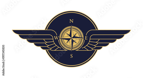 Vintage Golden Compass Rose with Wings Emblem, Navigator Logo Design