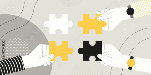 Hands connecting puzzle pieces in a modern abstract illustration