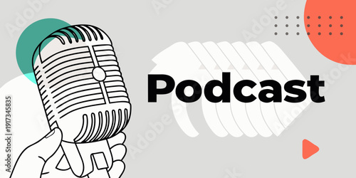 A retro style microphone with the word podcast displayed nearby