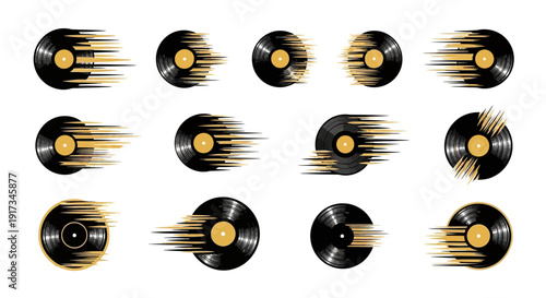 Set of Fast-Moving Vinyl Records with Golden Sound Trails - Music Icons