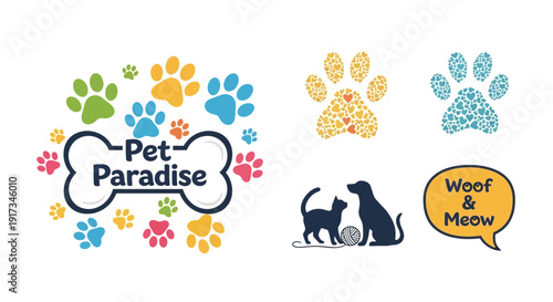 Pet Paradise Bone with Paw Prints and Woof & Meow Animal Icons Set