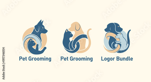 Cute Pet Grooming Logo Collection with Stylized Dog & Cat Silhouettes