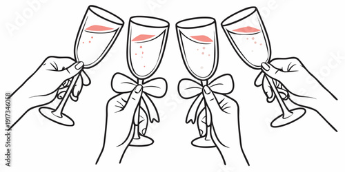 Four champagne glasses clinking in a celebratory toast illustration