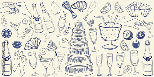 A whimsical sketch featuring champagne fruit and celebratory elements
