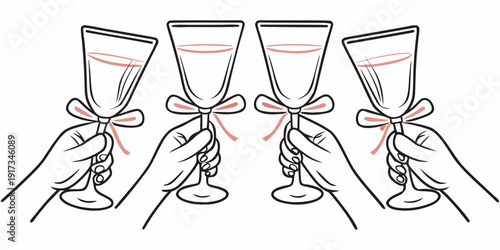 Four champagne flutes held by hands adorned with festive bows