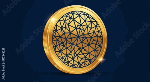 Shiny Gold Digital Network Coin Illustration on Dark Blue Background