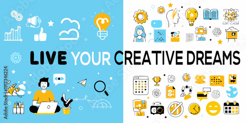 Colorful illustration depicting creative concepts and motivational text