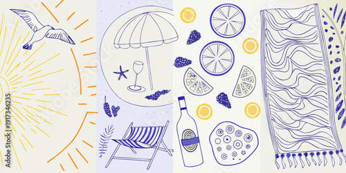 Summer themed doodles featuring a bird citrus and beach accessories