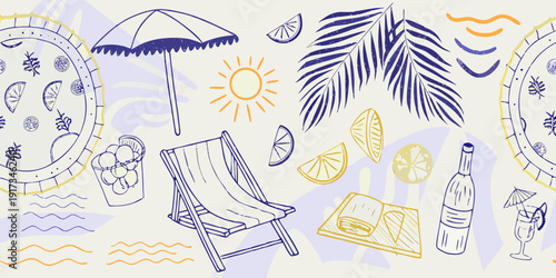 A playful summer scene with beach elements in a doodle style