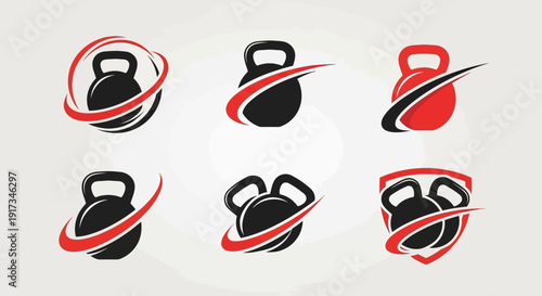 Kettlebell Strength & Fitness Logo Set with Dynamic Red Swooshes