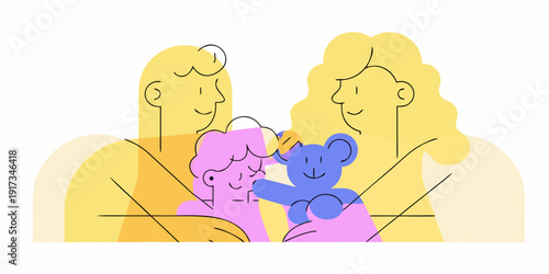 A family of three embraces including a child with a teddy bear