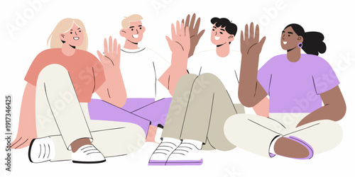 Diverse group of young people waving and interacting cheerfully together