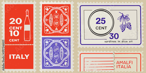 Vintage postage stamps featuring playing cards wine and sardines