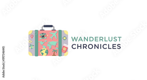 Wanderlust Chronicles Logo with Illustrated Travel Suitcase and Icons