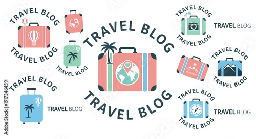Collection of Travel Blog Logos with Colorful Suitcases and Journey Icons