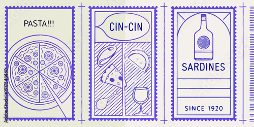 Vintage style stamps depicting italian food and drink illustrations