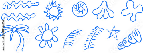 Hand drawn doodle beach For summer tropical illustration set with palm tree, waves, sun, seashell, flower and coral shapes for summer designs, t-shirts, posters, and placard prints.